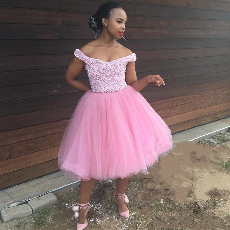 

Pink Off the Shoulder Tea Length Prom Dresses Pearls Beading Tier Tulle Short Evening Party Dress Customized Gowns, Gold