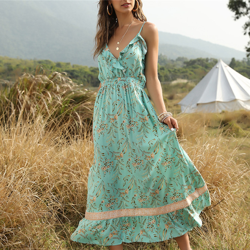 

2020 New Bohemia Female Cover-Ups Women Beach Dress Tunic Flowers Printings Bikinis Cover Up Straps V-neck Beachwear Long Pareo