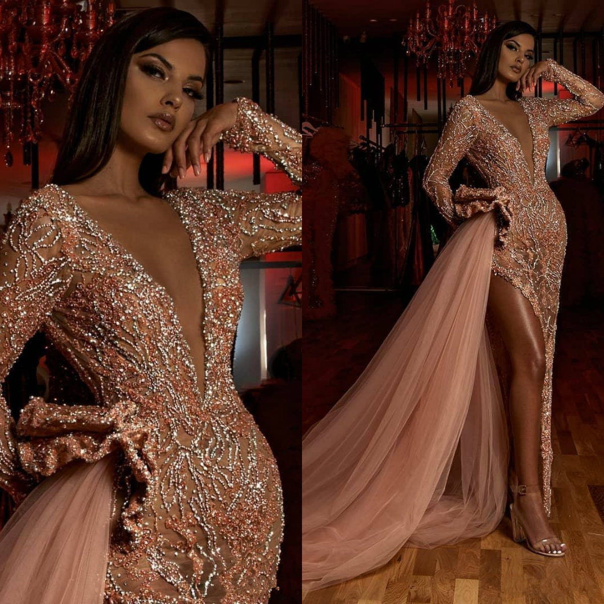 

Saudi Arabia Mermaid Evening Dresses Long Sleeves Illusion Beading High Slit Prom Gowns with Overskirt Sexy robes de soirée, Nude
