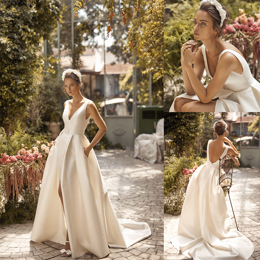 

2020 Simple Bohemian Wedding Dresses V Neck Belt Sleeveless Bridal Dress Backless High Split Ruffle Sweep Train Custom Made Robes De Mariée, Dark green