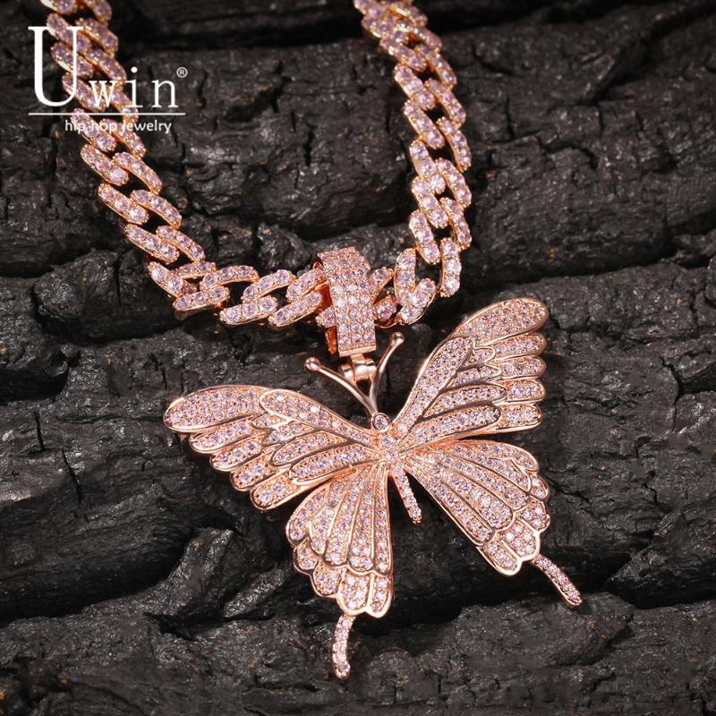 

Uwin Iconic Butterfly Pendant 9mm Rose Gold Cuban Chain Cubic Charm Pink Tennis Chain Necklace Men Women Hip Hop Jewelry Gift