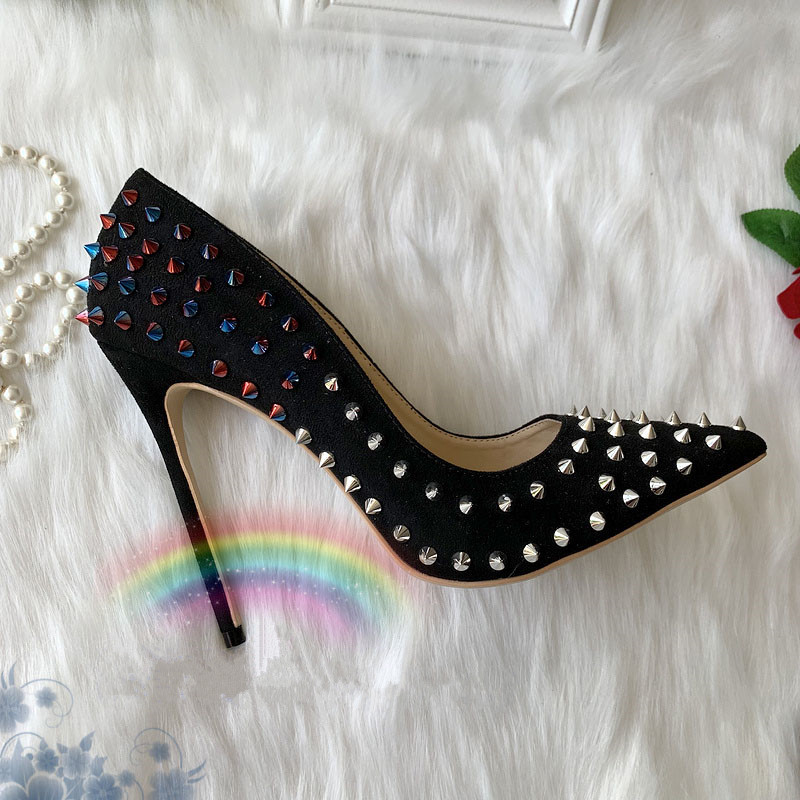 

2020 new wedding lady women multi spikes studded black suede leather poined toes high heeled heels stiletto shoes pumps
