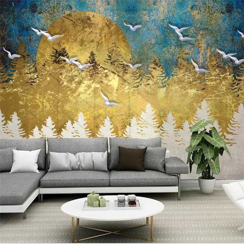 

Custom wallpaper 3d stereo photo mural new Chinese abstract artistic conception golden pine forest bird living room 3d wallpaper, As pic