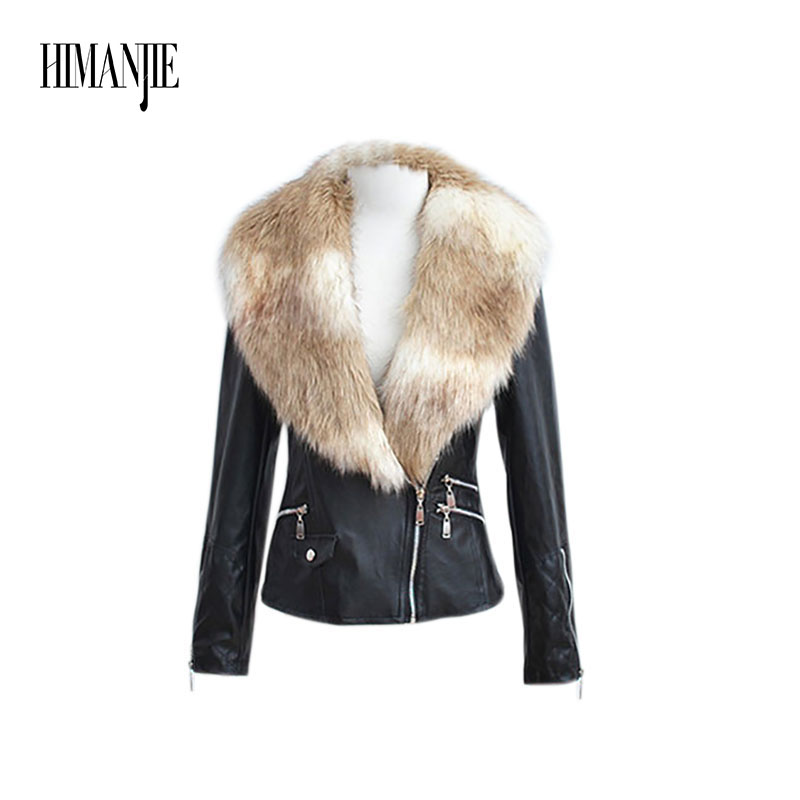 

Hot sale Fashion Stand-up Collar Type Assembled Fur Imitation Coat Fur Collar Style PU Leather Coat for Autumn and Winter, Black