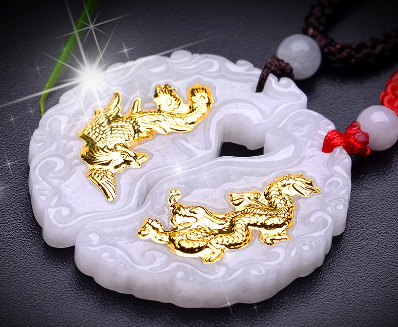 

Gold necklace jade pendant with dragon and phoenix couple jade inlaid gold 999 jewelry one pair price Send certificate best gift present