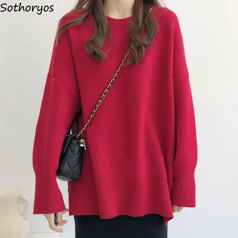 

Pullover Women Solid Plus Size 3XL Loose Stylish Side-slit Korean Style Casual Daily Ladies Simple Chic Female Sweaters Ulzzang, Green