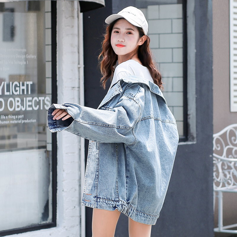 

Spring Autumn Women Denim Jackets Blue Casual Korean Retro Loose Turn-down Collar Female Coat Zipper Pockets Jeans Jacket Women