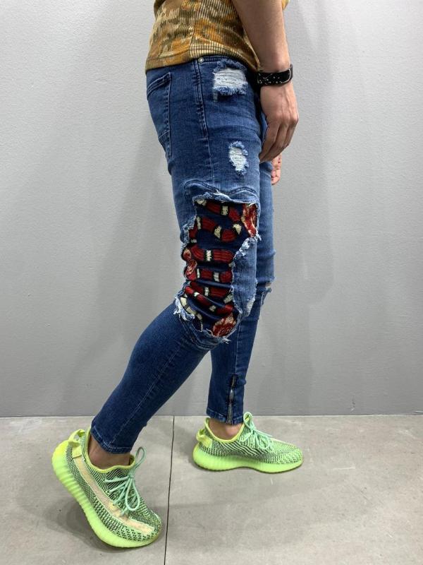 

Blue Denim Snake Patched Streetwear Mens Denim Jeans, As pic