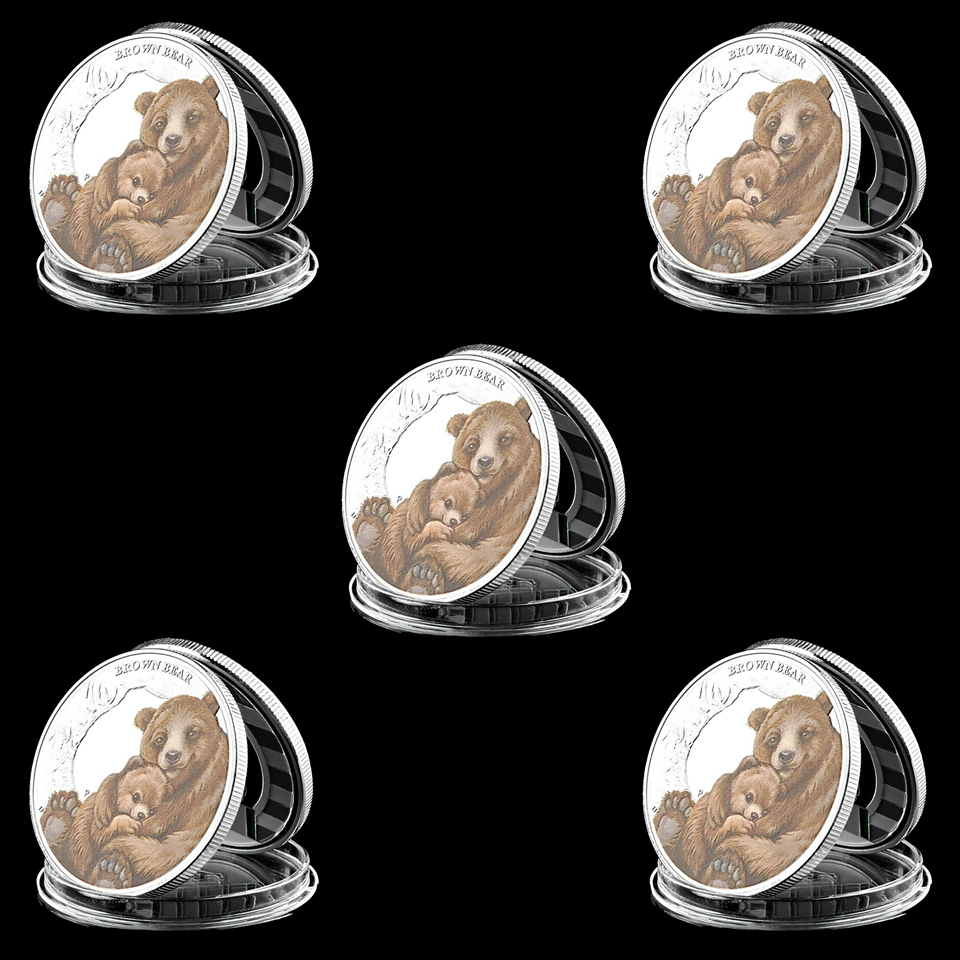 5PCS Arts and Crafts Queen Elizabeth II Fine 1/2 999 Silver 2014 Tuvalu Animal Brown Bear Commemorative Collectible Gift-image-522341266