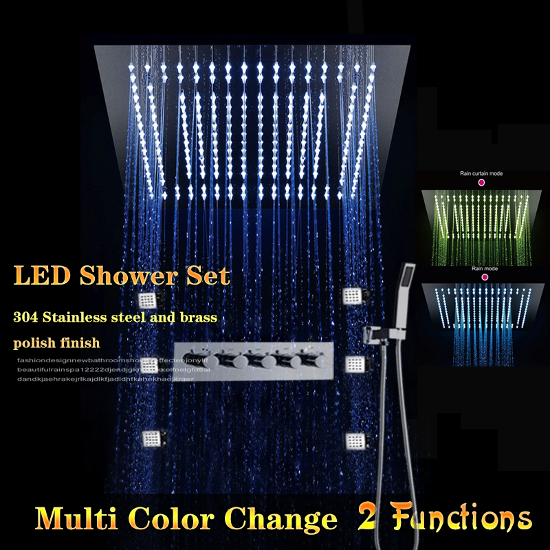 

high flow led rain shower mixer hot cold square Faucets SUS304 With Embedded Ceiling LED Shower Head 16 inches Rainfall and 2'' Body Jet