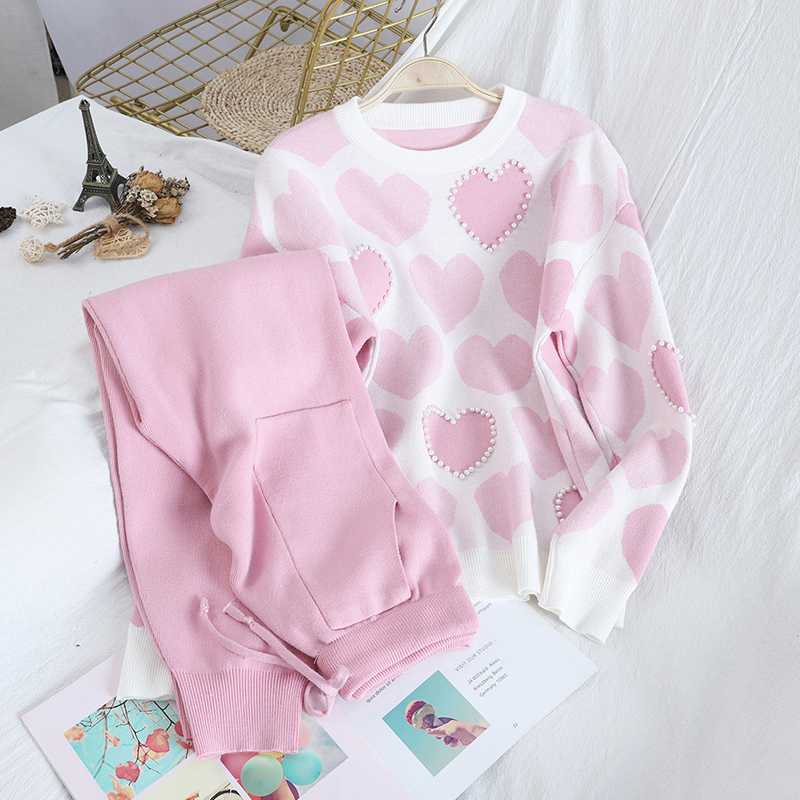 2020 Fall Autumn Long Sleeve Knitted 2 Piece Set Women Sweet Love Pearls Beaded Pullover Sweater+Lace-up Pocket Harem Pants Set