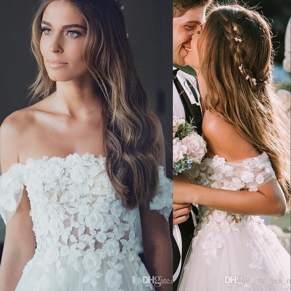 

New Cheap Country Bohomian A Line Wedding Dresses Off Shoulder Appliques Lace Flowers Short Sleeves Tulle vestido Boho Formal Bride Gowns, Ivory