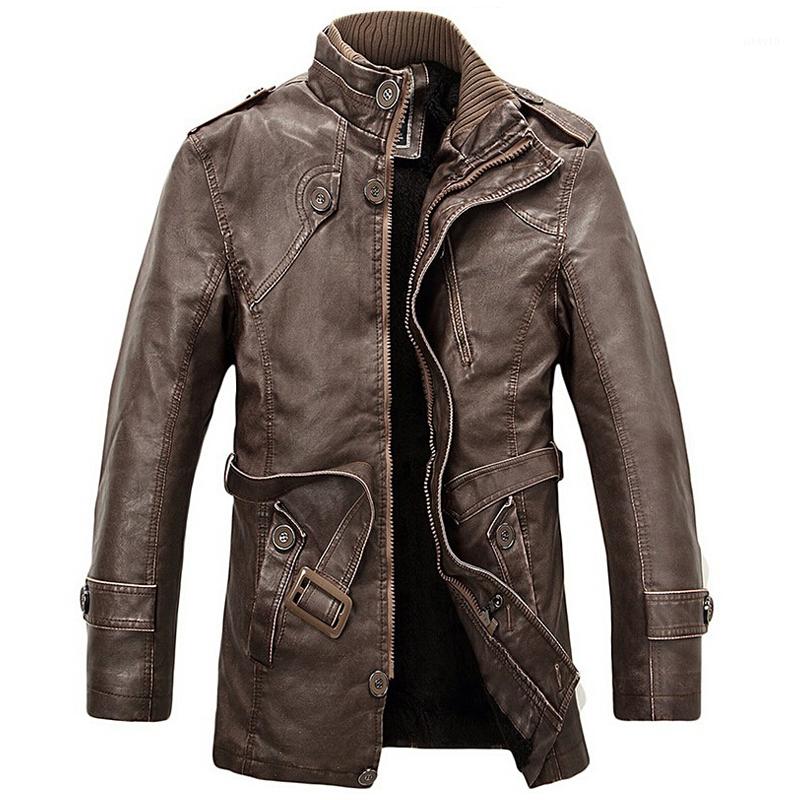 Wholesale- PU Leather Jacket Men Long Wool Stand Collar Coats Men's Leather Motocycle Jackets Overcoat Trench Parka jaqueta de couro1