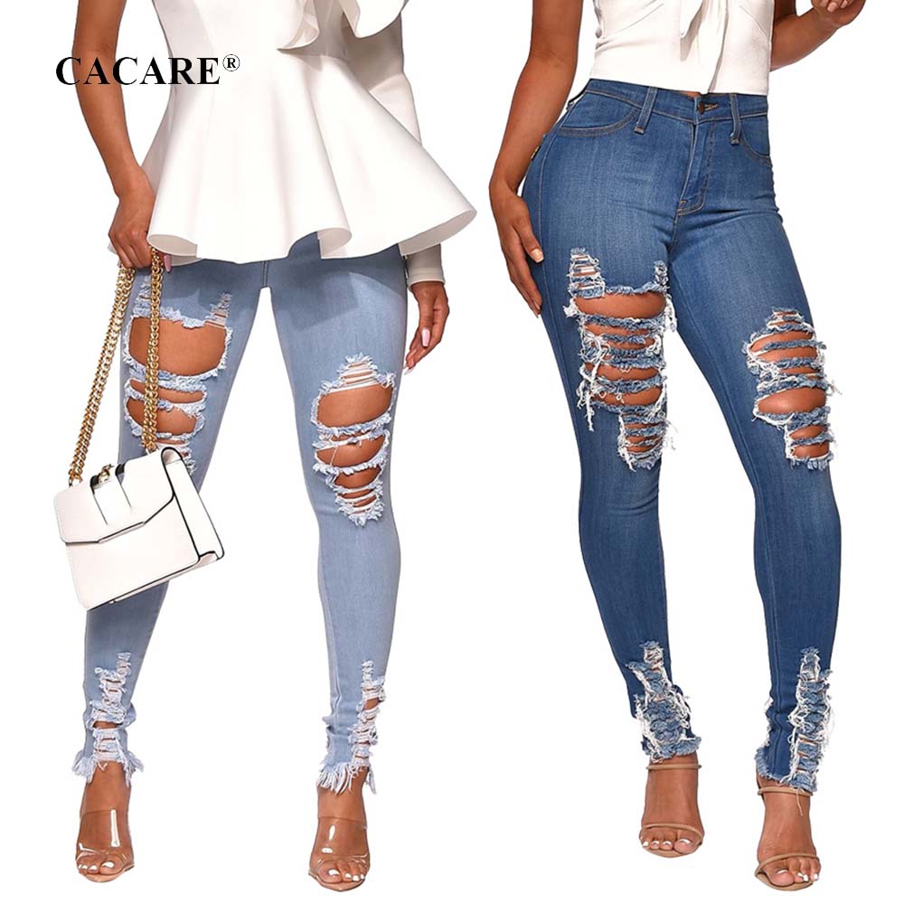 

Skinny Jeans Denim with High Waist Ripped Jeans Pants Women Capris 2 Choices F0340 with Hollow Outs, Light blue