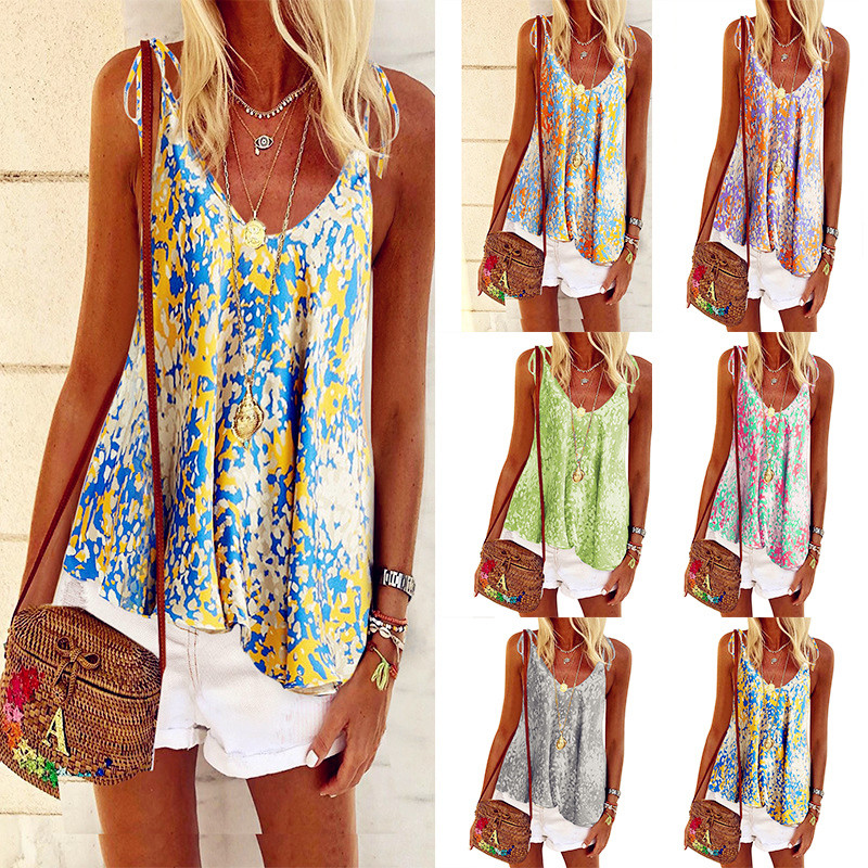 

2020 Sexy Women Summer Chiffon Boho Casual Beach Patchwork Floral Hole Strap Tank Vest Tops Female Chiffon Ladies Shirt Camis, Gray
