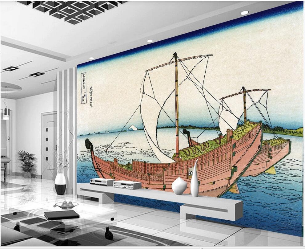 

3D wall covering custom mural wallpaper Japanese ukiyo-e sea sailing big ship Japanese restaurant mural home decor wall papers, Black