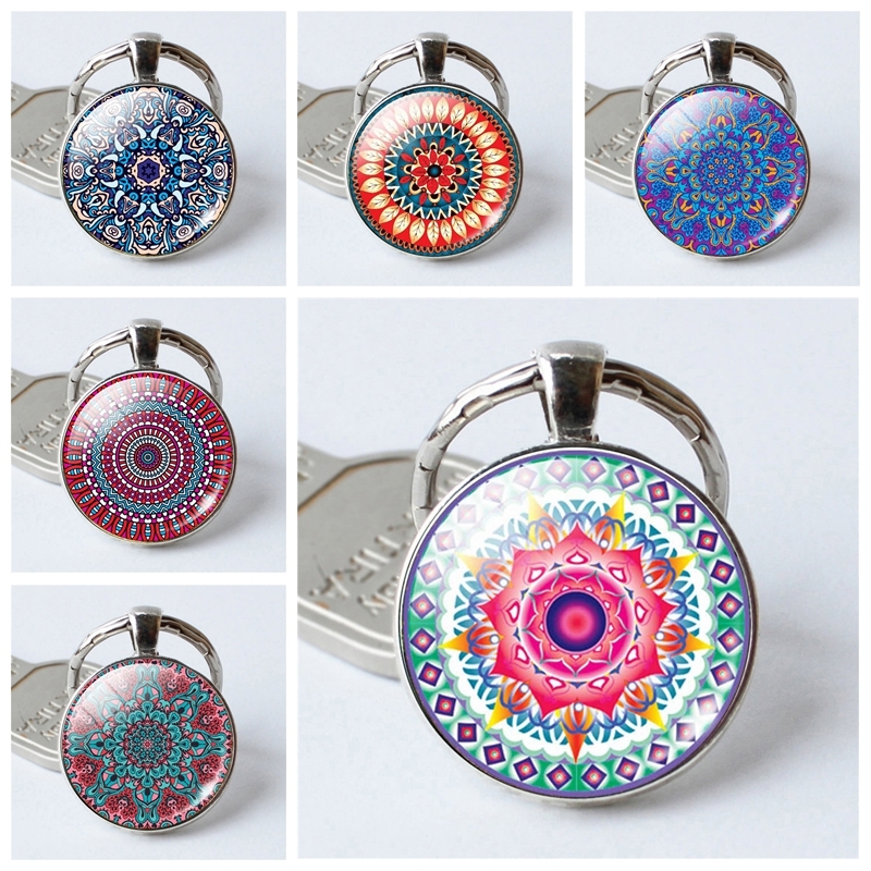 

Fashion Sri Yantra Keyring For Women Sacred Geometry Buddhist Mandala Pattern Pendent Key Chains Handmade Women Indian Gift