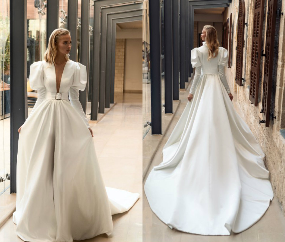 

2019 Vintage Satin Wedding Dresses Deep V Neck Sweep Train A Line Vestidos De Novia Long Sleeves Royal Bridal Gowns Country Wedding Dress, Ivory