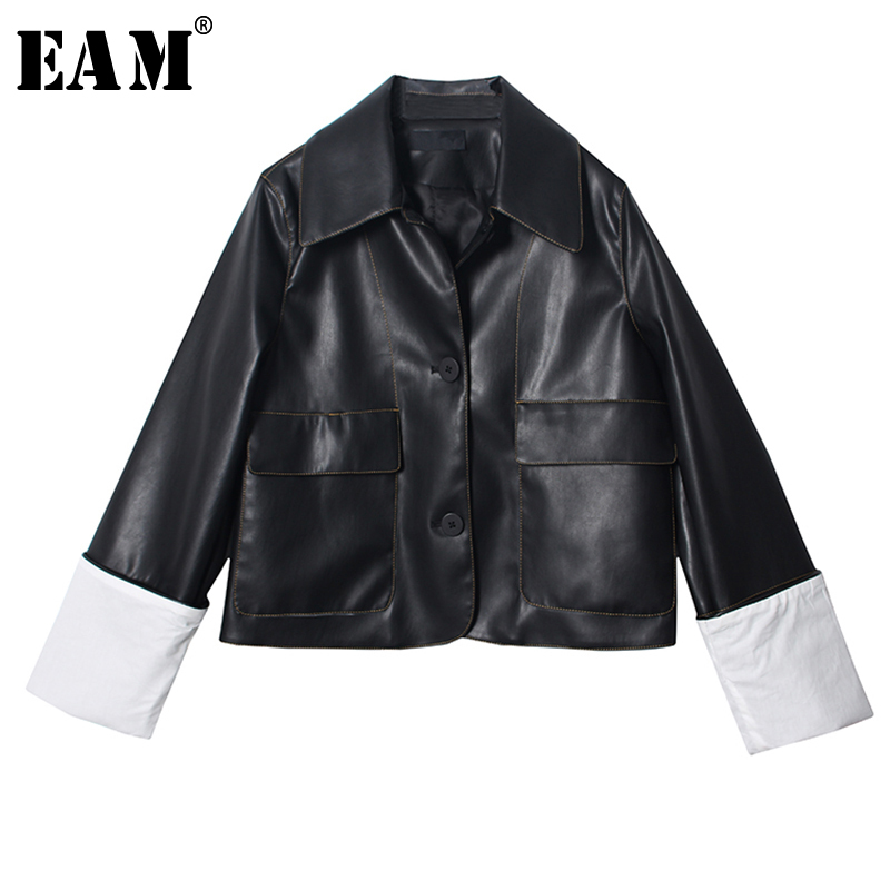 

EAM] Loose Fit Black Pu Leather Short Temperament Jacket New Lapel Long Sleeve Women Coat Fashion Tide Spring 2020 1Y267