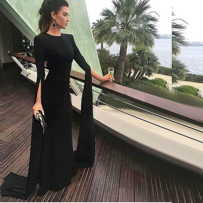 

Black Long Sleeve Evening Dress Chiffon High Neck Mermaid Formal Evening Gown Backless Simple Prom Evening Wear For Woman, Grape