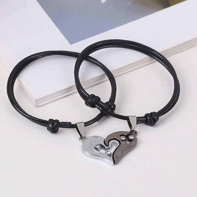 

2 Pcs Heart-shaped Stitching Bracelet Handmade Lucky Love Black Rope Chain Couple Bracelets Set Lovers Jewelry Girlfriend Gifts
