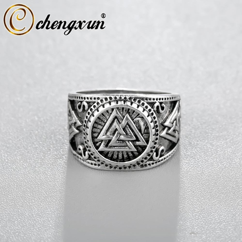 

CHENGXUN Viking Round Big Width Signet Ring Finger Men Black Silver Fashion Valknut Wholesale Vintage Jewelry 15mm