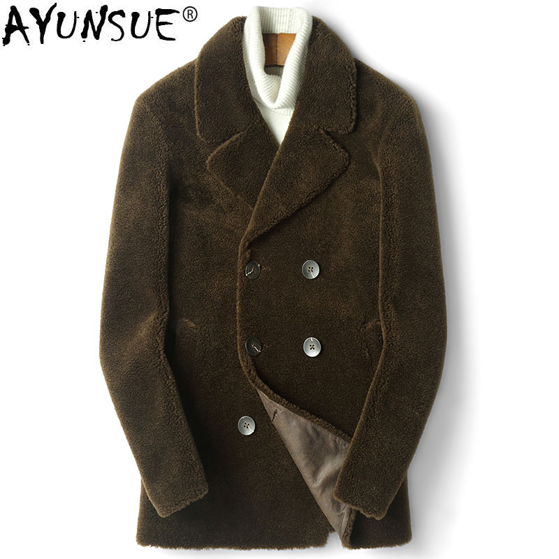 

AYUNSUE Real Sheep Shearling Fur Coat Winter Jacket Men Streetwear Wool Coats Suede Lining Windbreaker Jackets D-14-1819 MY1169, Green