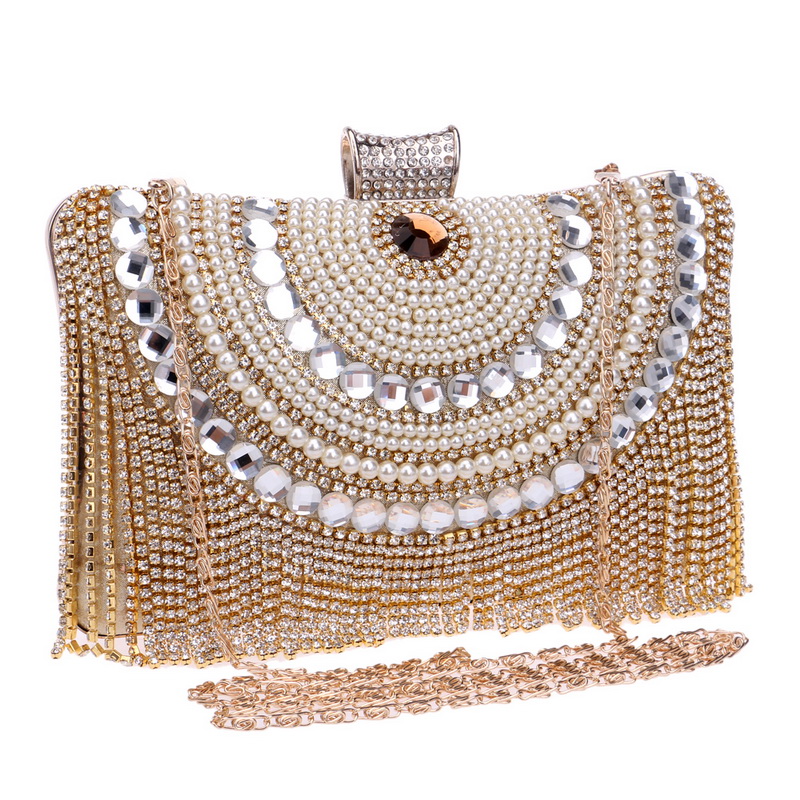 

Designer-Rhinestones Tassel Clutch Diamonds Beaded Metal Evening Bags Chain Shoulder Messenger Purse Evening Bags For Wedding Bag, Gold