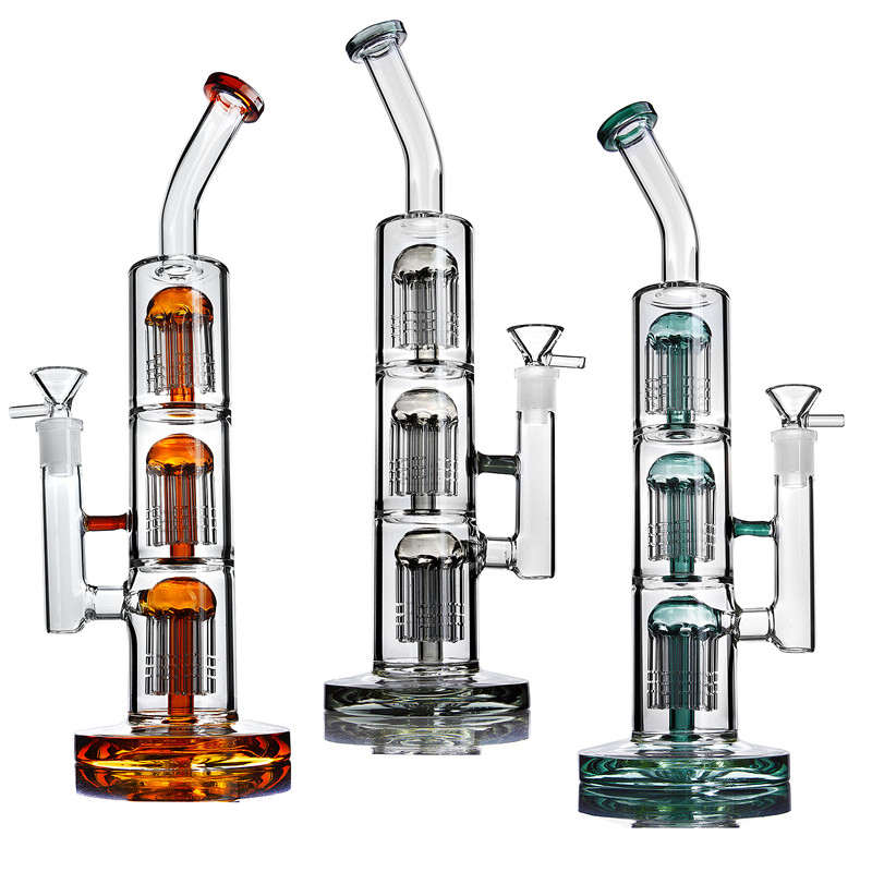 

hookahs Triple Arm Trees Perc Bong Glass Bongs Bubblers Piece Recycler with 14mm joint Bowl oil dab rigs