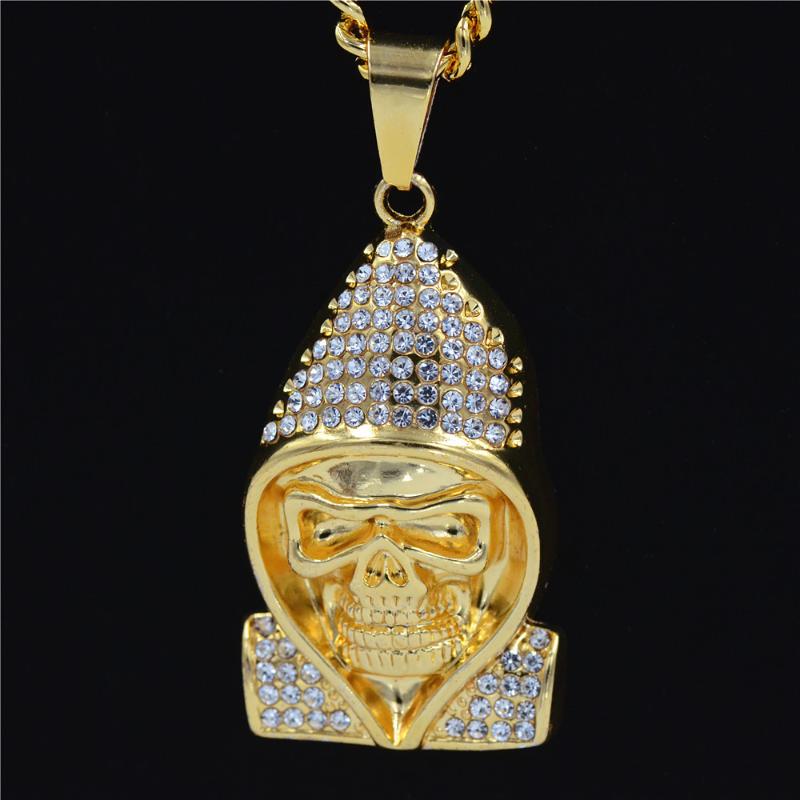 

Men's Necklaces HIP Hop Hat Wearing Skull Skeleton Pendants Long Chain Jewelry, Silver