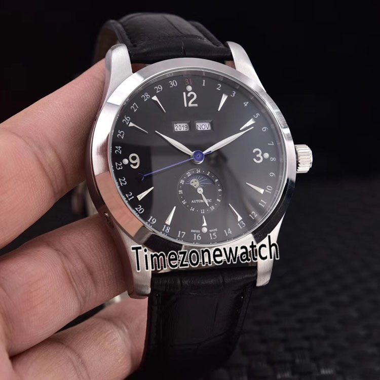 

New Master Calendar 1558420 Q1558420 Automatic Moon Phase Mens Watch Steel Case Black Dial Perpetual Calendar Leather Timezonewatch JLE13a1, Custom waterproof