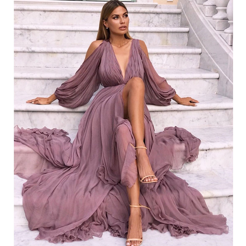 Long Sleeve Deep V Maxi Dress Sale, 53 