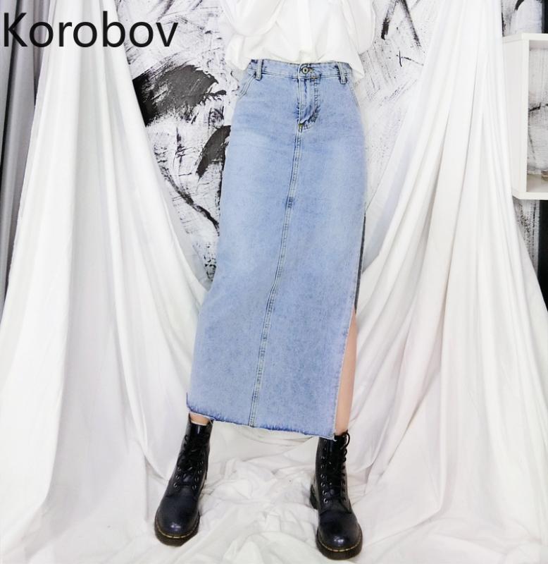 

Korobov High Waist Hip Side Corss Design Straight Skirt Women Loose Causal Denim Korean Faldas Mujer Summer 2020 New Wild Jupe, Blue