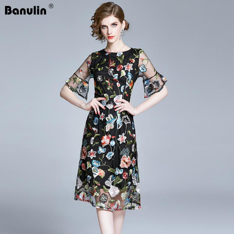 

Banulin Fashion Designer Runway Dress 2020 Summer Women' O-Neck Short Sleeve Gorgeous Black Mesh Floral Embroidery Dress