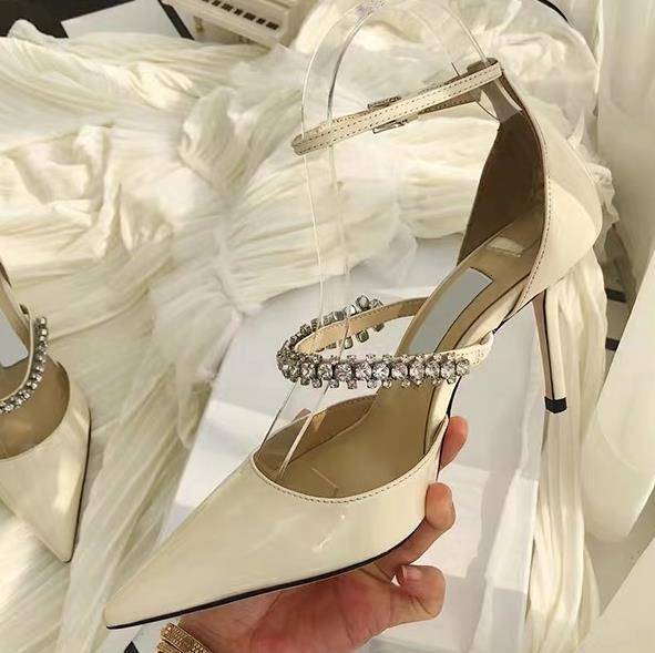 

Elegant Bridal Iinen Patent Leather Pointy Pumps with Crystal Strap Designer High Heels Dress Shoes Size 34 to 40, Extra carton;not shoes