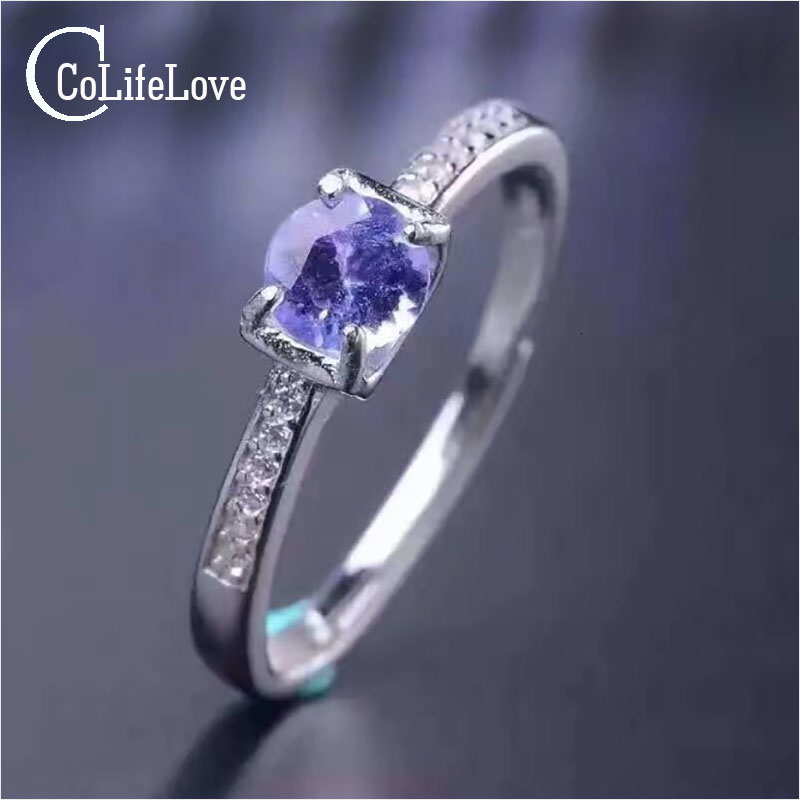 

Simple design gemstone ring 5mm round brilliant cut natural tanzanite silver ring solid 925 silver tanzanite wedding ring CJ191210