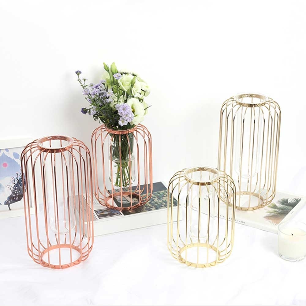Nordic Ins Lantern Shaped Wrought Iron Vase Glass Gold Plated Iron