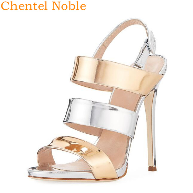 

Newest Chentel High Heel Patent Leather Silver Gold Sandals Shoes Buckle Embellished Stiletto Women Sandal Big Size Summer, As picture