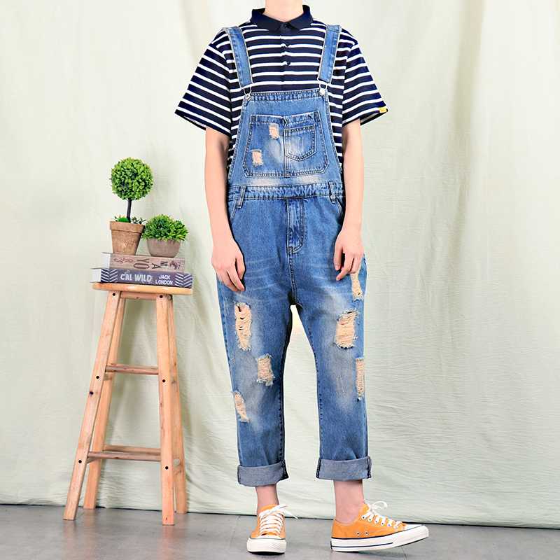 

Jeans Men Summer trend Ripped Jeans Men' Cropped pants Retro Nostalgic Overalls Men' Korean Overalls, Blue