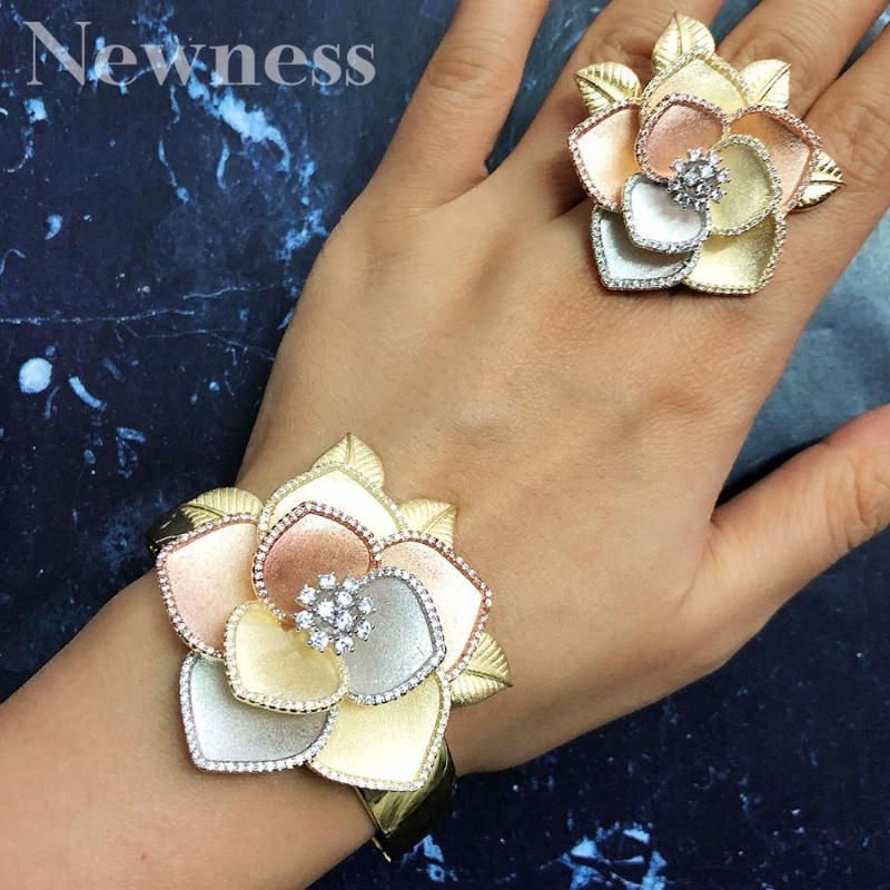 

Newness New Blossom Flower Cluster Women Wedding Naija Bridal Cubic Zirconia Bangle Ring Set Dubai High Jewelry Set, As pic