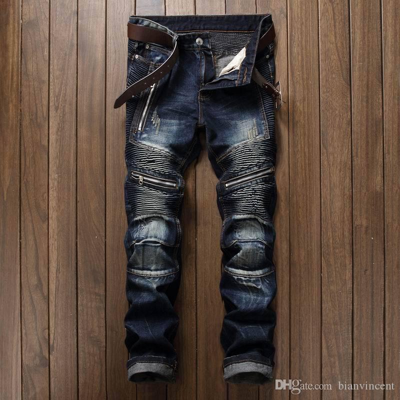 High quality summer pants Straight stretch pleated zipper Mens Clothing tops Jeans Slim Fit styles Fashion Hip hop Designer Leather Causal-image-552072072