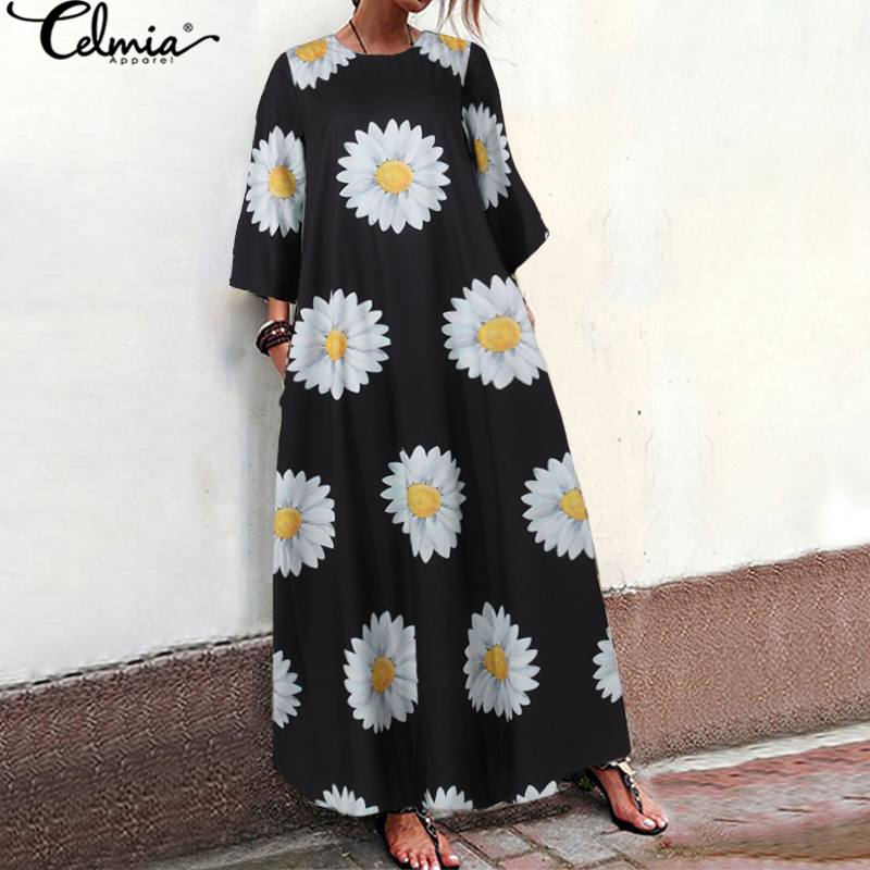 

2020 Summer Women Dress Celmia Vintage Daisy Print Party Dresses Female Casual 3/4 Sleeve Loose Bohemian Long Maxi Vestidos Robe, Black