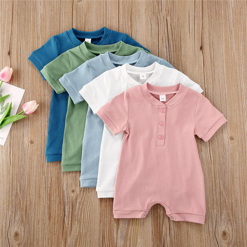 

2020 Infant Baby Boys Girls Cotton Romper Summer New Solid Color Short Sleeve Button Jumpsuit Playsuit Overalls Summer Outfits
