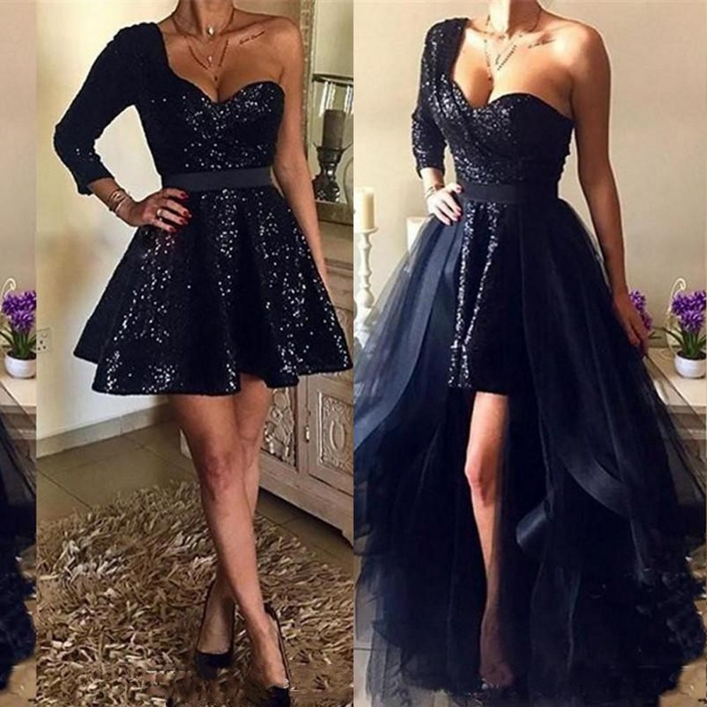 New Navy Blue Sequined Prom Dresses One Shoulder High Low With Detachable Train Sequins Ruffles Formal Party Dress Pageant Evening Gowns