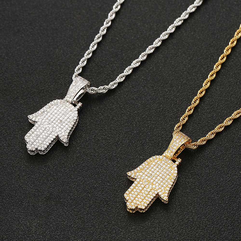 

Iced Out CZ Hand Pendant Necklace Gold Silver Color Cubic Zircon Men Women Hip hop Jewelry For Gift