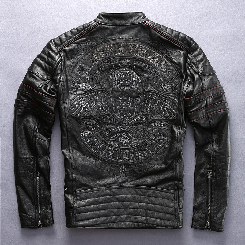 

Factory 2018 New Men Retro Vintage Leather Biker Jacket Embroidery Skull Pattern Black Slim Fit Men Winter Motorcycle Coat