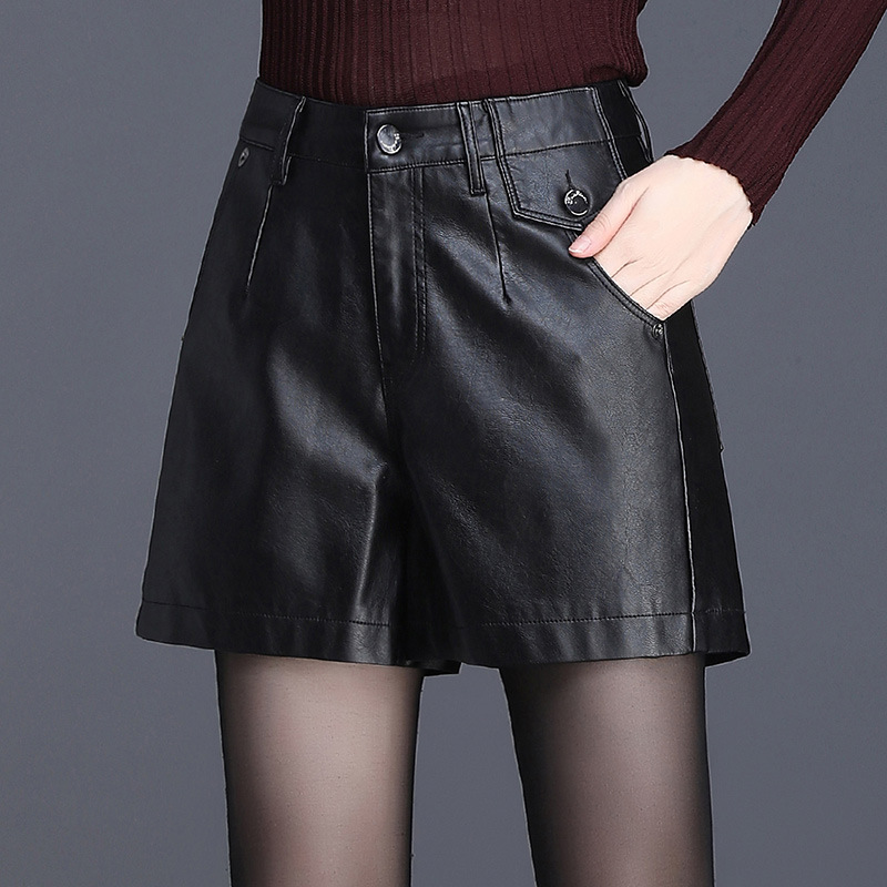 

PU Leather shorts women 2020 new autumn and winter fashion high waist wide leg shorts loose a word wild slim outer boots panties, Black