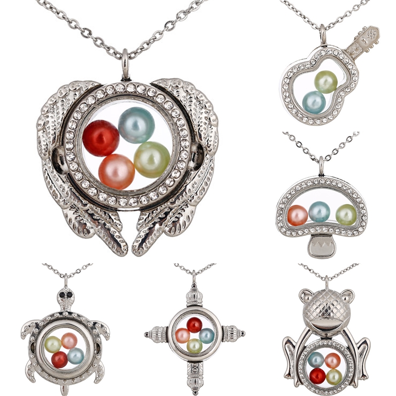 

Silver Angel wings guitar Sea turtles Memory 8mm Pearl Beads Magnetic Glass Floating Locket Pendant Necklace Pearl Cage Locket