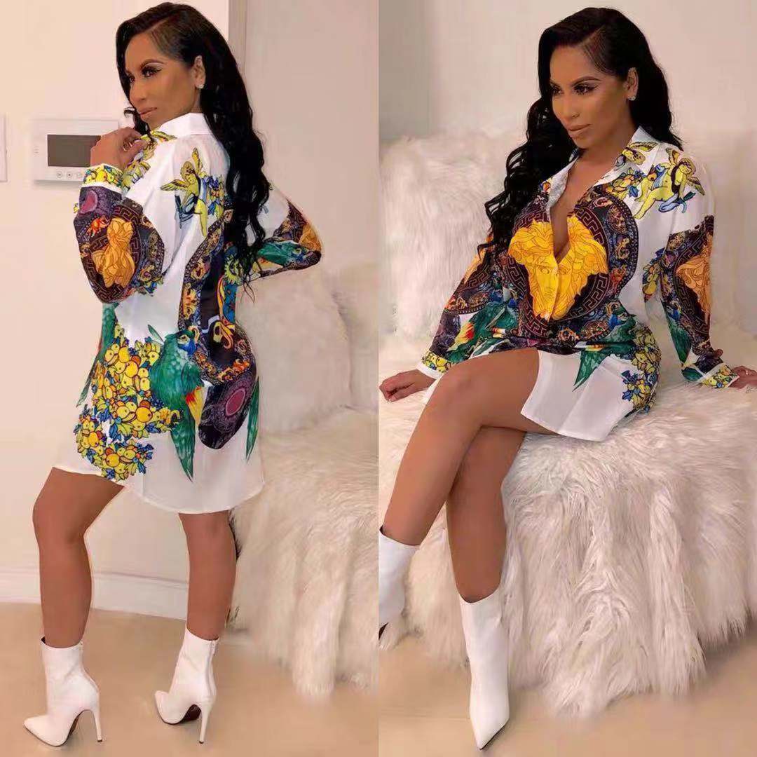 

ree Shipping 2020 Women Sexy Lapel Collar Printed Shirt Dresses Slim Fit Mini Dress Vestidos Club Party Wear, As pic