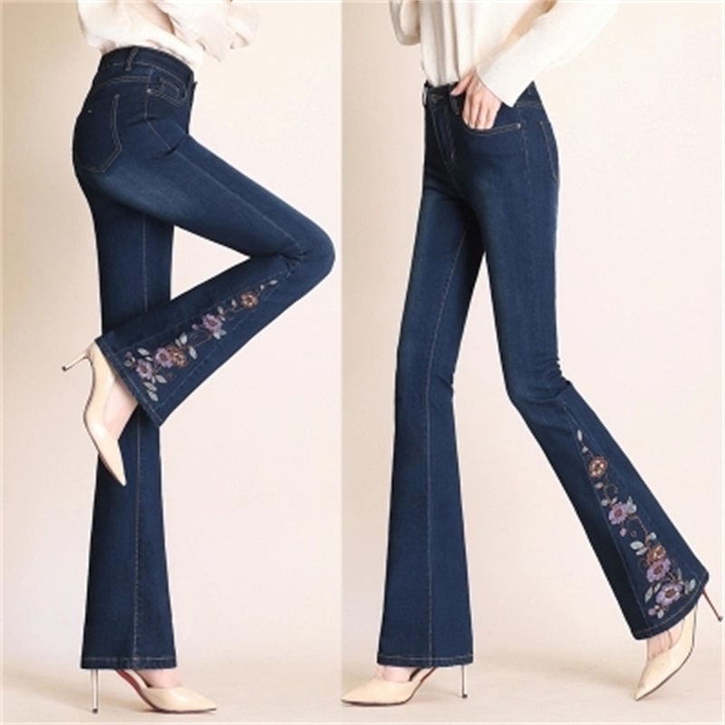 

Spring and autumn new women's stretch jeans high waist fashion national wind embroidery micro- jeans TB180816, Blue